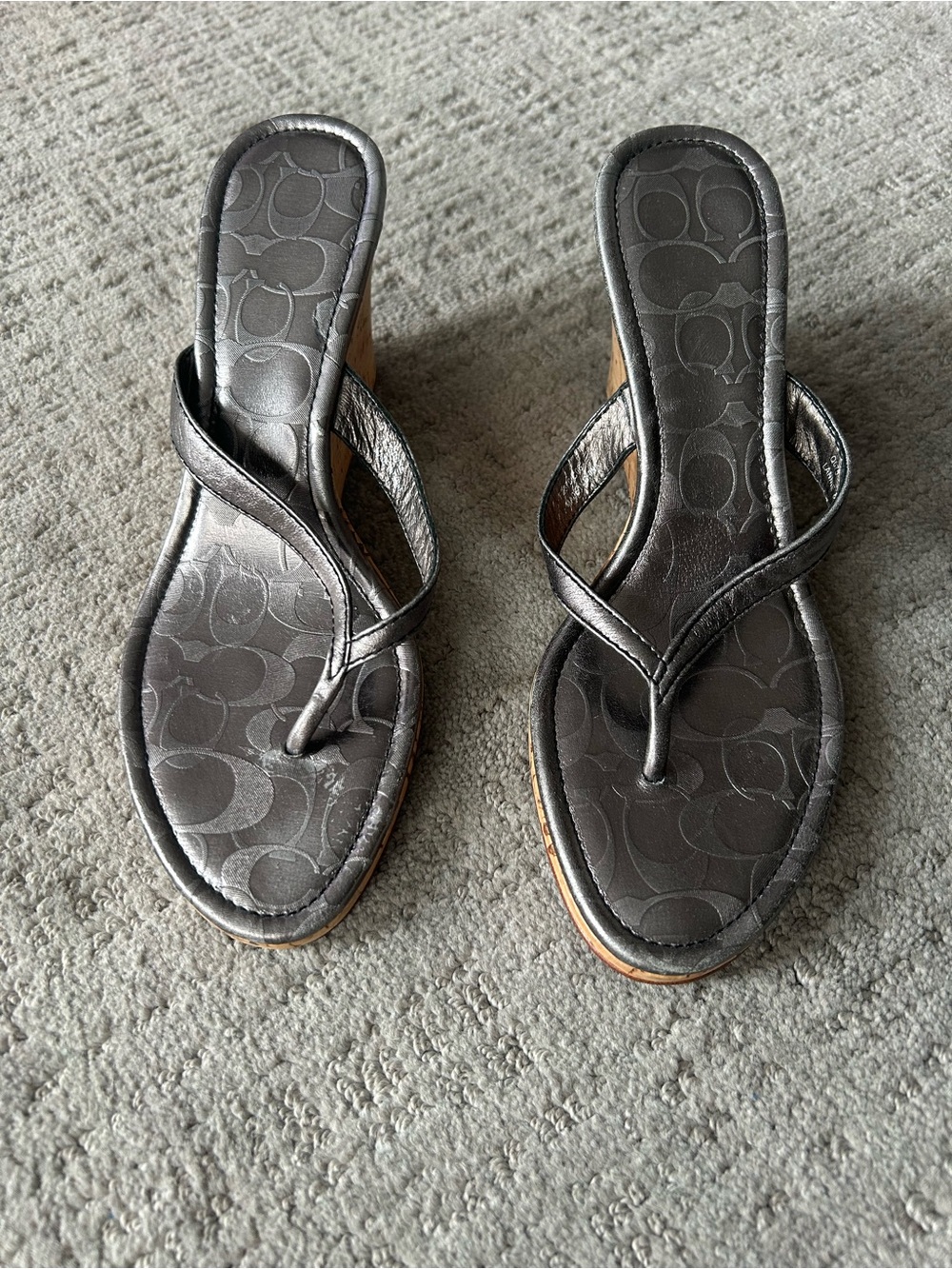 Coach Women's Metallic Gray Wedge Thong Sandals